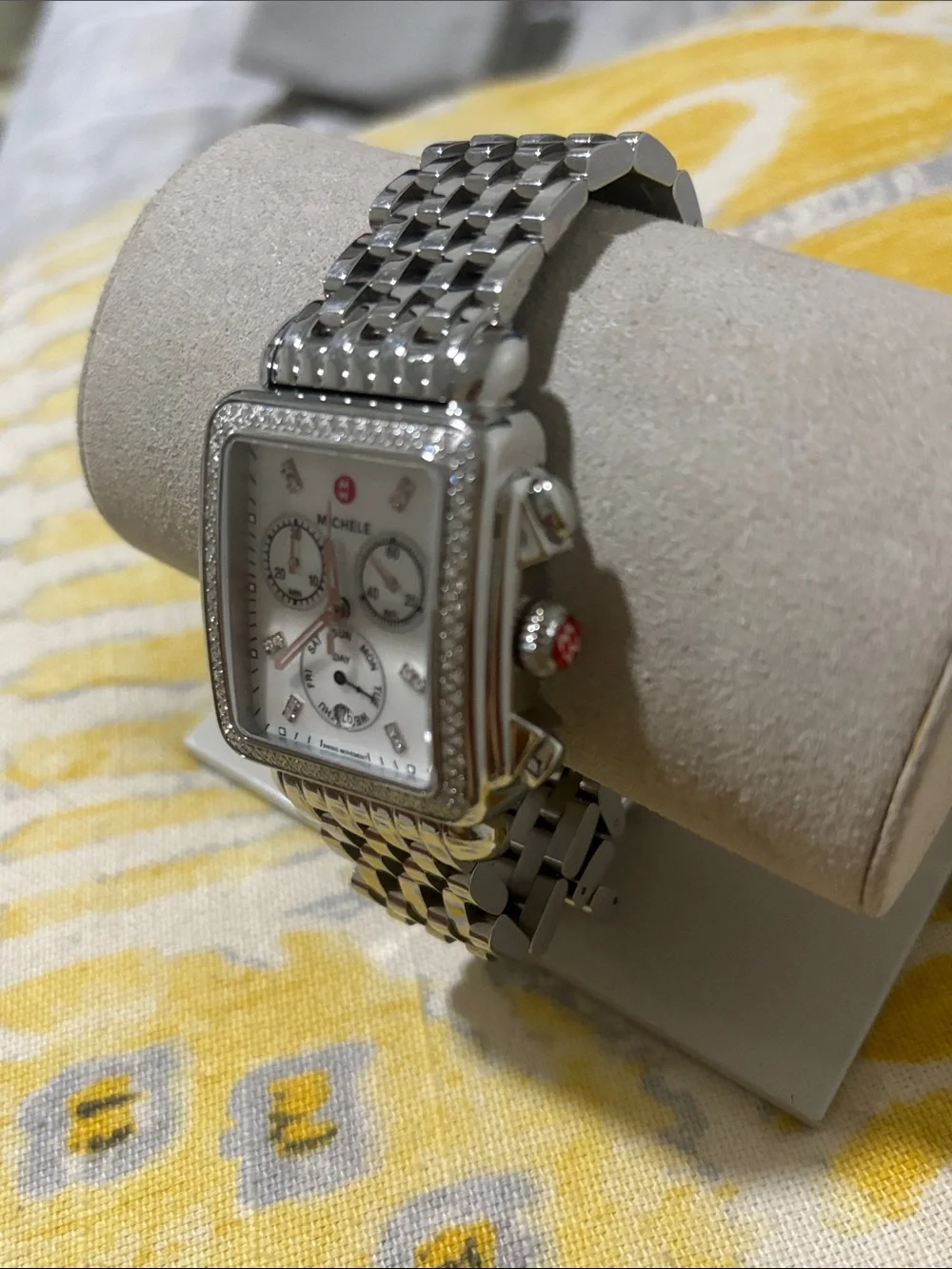 Michele Silver Stainless Steel Square Diamond-Trim Chronograph Watch